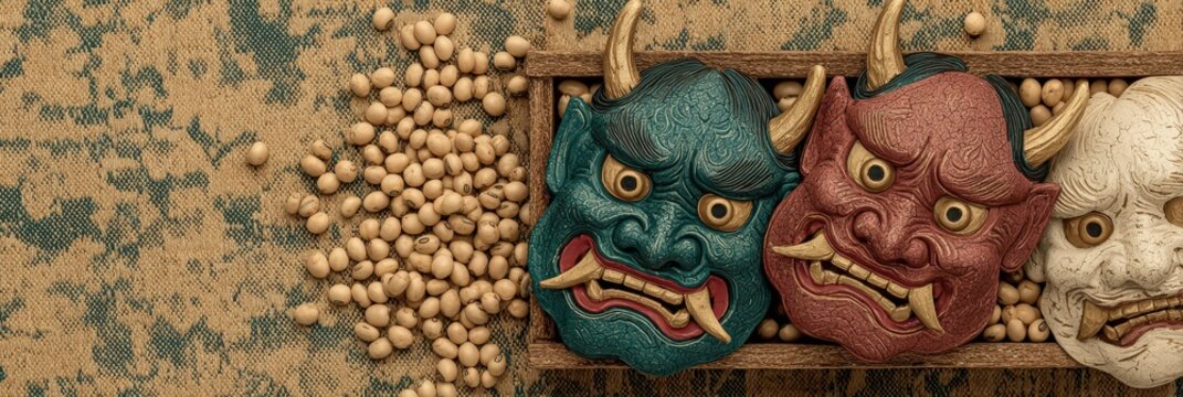 Traditional japanese setsubun masks and roasted soybeans celebrating bean throwing festival
