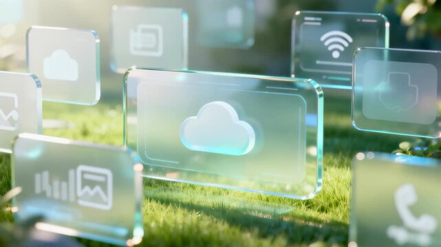 Transparent cloud computing icons floating over green grass in morning light, sustainable technology concept for data storage, wireless connectivity and eco friendly digital services