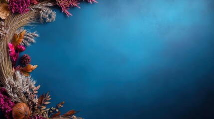 Colorful dry flowers arranged on a blue background for decoration and design