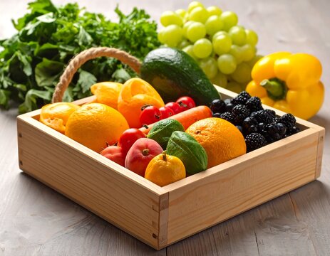 Assorted colorful fruits and vegetables arranged in a wooden crate - Powered by Adobe