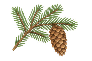 Pine branch displaying green needles with a hanging brown cone, representing nature, forest, and christmas themes