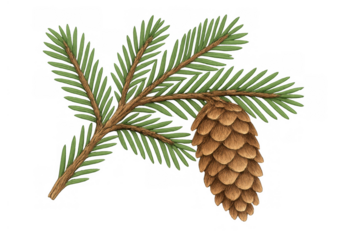 Pine branch displaying green needles with a hanging brown cone, representing nature, forest, and christmas themes