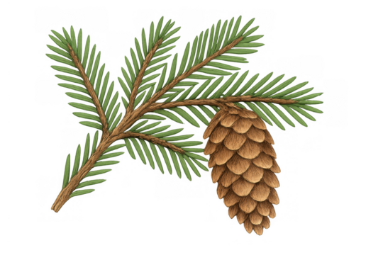 Pine branch displaying green needles with a hanging brown cone, representing nature, forest, and christmas themes