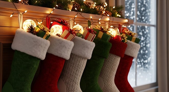 A high-quality 3D realistic Christmas scene featuring beautifully textured stockings hanging from a wooden mantle, each rendered with lifelike fabric details &mdash; velvet, wool, and knitted patterns