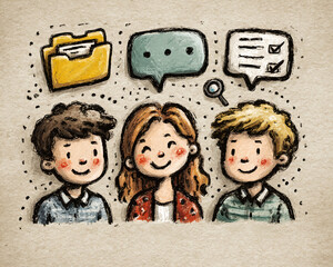 Ilustração vetorial de três pessoas sorrindo e conversando com ícones de comunicação e organização.