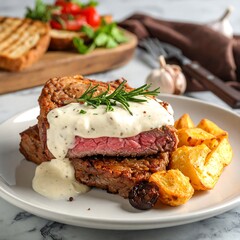 Close-up of a perfectly cooked steak, sauce, and potatoes