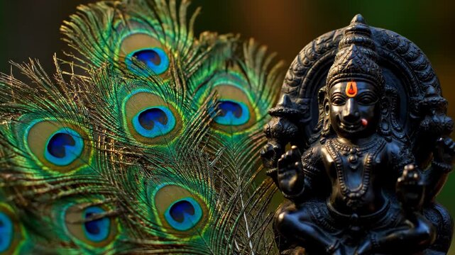 Skanda Sashti Celebration Lord Murugan Statue Adorned with Vibrant Peacock Feathers Displaying Hindu Devotion and Spiritual Significance