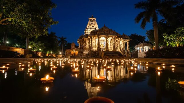 Skanda Sashti Celebration Illuminated Hindu Temple Reflecting in Water with Floating Diyas at Night, a Festival of Spiritual Significance