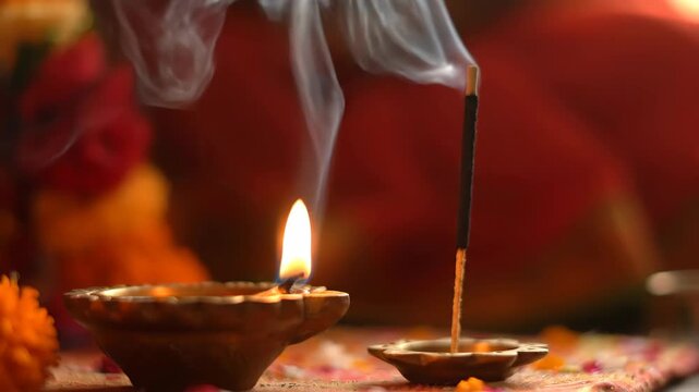 Skanda Sashti Celebration Traditional Oil Lamp and Incense Stick Creating a Spiritual Ambiance for Hindu Festival