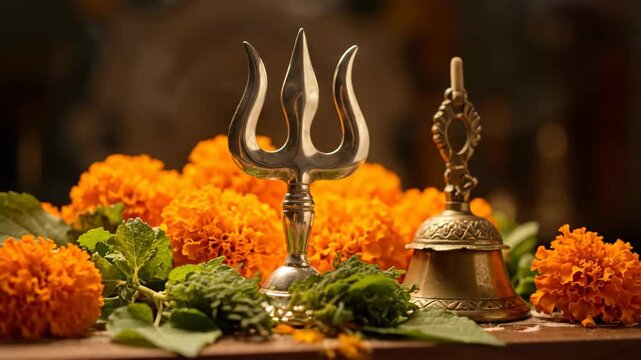 Skanda Sashti Celebration Trident, Bell, Marigolds, and Incense in a Hindu Religious Offering Still Life