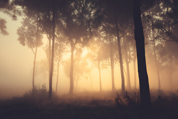 Ethereal trees shrouded in golden mist evoke tranquility, perfect for nature lovers seeking peaceful escapes and serene woodland scenes in dreamy landscapes