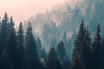 Enchanting mountain forest shrouded in mist, a tranquil escape into nature's embrace, perfect for travel, adventure, or serene landscapes