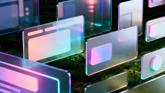 Futuristic glass ui panels floating above grass at night with neon gradient glow, abstract technology interface concept for web design, app dashboard and digital product visualization