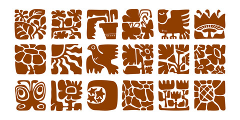 Brown boho tiles with organic motifs in square frames - leaves, birds and flowers for decorative stamps or backgrounds. Folk art with nature cutout silhouettes, sun elements and geometric designs. © klyaksun