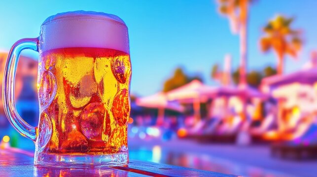 Refreshing cold beer by the poolside at sunset in a vibrant resort