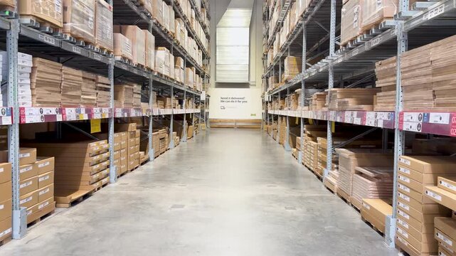 Walking Down Warehouse Aisle With Stacked Flat-Pack Boxes