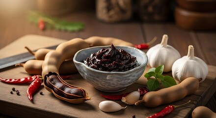 A rustic kitchen-style setup showing a small ceramic bowl filled with tamarind paste surrounded by fresh tamarind pods, dried chili, garlic, and herbs on a wooden cutting board.