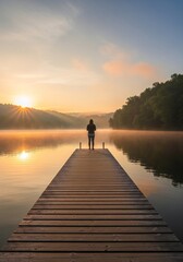 A person stands on a wooden dock at sunrise, overlooking a calm lake surrounded by trees. The scene captures the tranquility of early morning light.