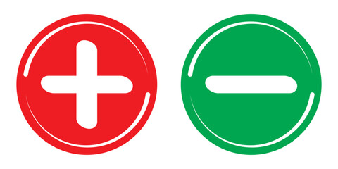 Green plus and Red minus symbols, Positive an negative solid thin line vector signs. Mathematical symbols, add, subtract, right and wrong, pros and cons. Vector Illustration.