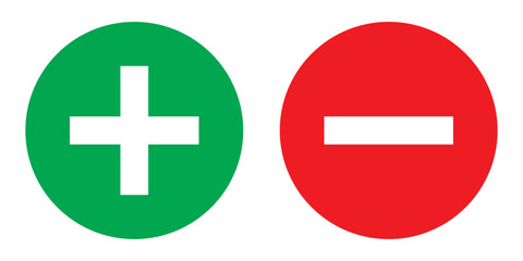 Obraz premium Green plus and Red minus symbols, Positive an negative solid thin line vector signs. Mathematical symbols, add, subtract, right and wrong, pros and cons. Vector Illustration.