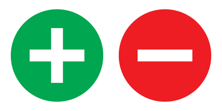 Green plus and Red minus symbols, Positive an negative solid thin line vector signs. Mathematical symbols, add, subtract, right and wrong, pros and cons. Vector Illustration.
