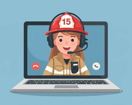 Bombeira sorridente em videochamada no laptop, comunica&ccedil;&atilde;o online de emerg&ecirc;ncia e seguran&ccedil;a.