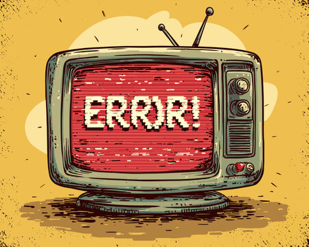 Televis&atilde;o antiga com tela de erro pixelada, representando falha t&eacute;cnica e nostalgia retr&ocirc;.