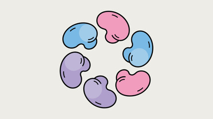 Circular arrangement of six cartoon beans in blue pink and purple on a cream colored background