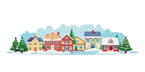 Vector illustration of a Christmas small town houses trees and snowing winter scene . Download includes vector eps and high resolution jp