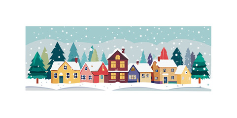 Vector illustration of a Christmas small town houses trees and snowing winter scene . Download includes vector eps and high resolution jp