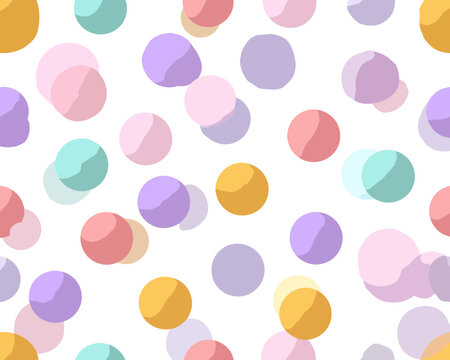 Vetor de fundo com bolinhas coloridas e transl&uacute;cidas em tons pastel, padr&atilde;o abstrato e divertido.