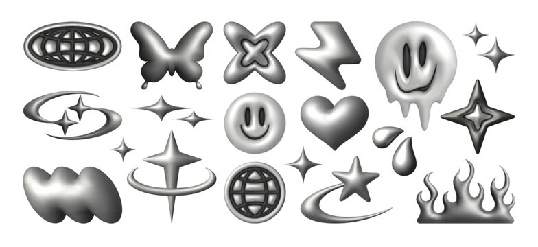 Chrome y2k 3d object collection with metallic butterfly, melting smiling face, heart shape and star elements for retro aesthetic design. Grid spheres, flames and cloud forms in silver gradient style.