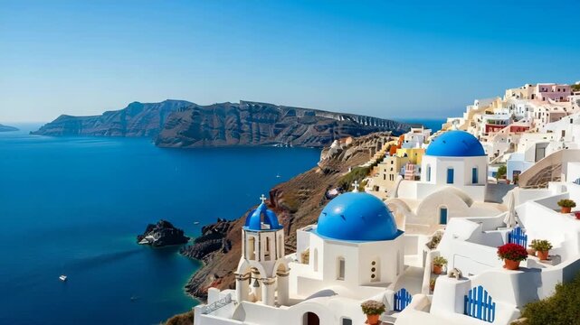 Picturesque oia, santorini, greece, showcasing the iconic bluedomed churches and whitewashed buildings along the stunning aegean sea coast