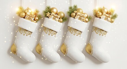 A luxurious Christmas greeting card design featuring elegant white and gold stockings hanging gracefully on a white background with soft golden sparkles.