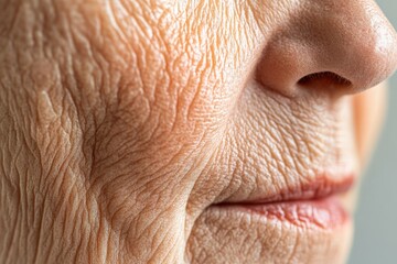 Obraz premium Close-up view of wrinkles on the skin of a mature person's face.