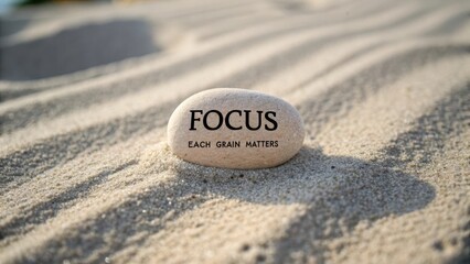 Inspirational Stone on Sand with Motivational Quote about Focus and Importance of Details in Life and Work Environment