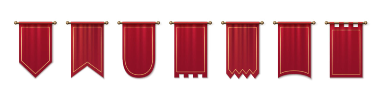 Medieval red pennant flags set isolated on white background. Vector realistic illustration of antique textile banners with golden frames, royal sign mockups of different shape, game design elements