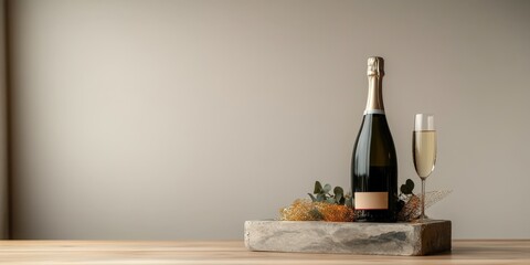 Elegant Champagne Bottle and Flute on a Minimalist Wooden Table Displayed Against a Soft Neutral Background