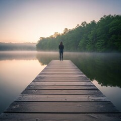 A solitary figure stands on a wooden dock extending into a calm, misty lake at dawn. The scene captures a serene moment of contemplation amidst nature.