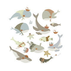 Hand drawn set with cute cartoon whales, fish, starfish, seaweed on white background. Vector illustration with sea animals.