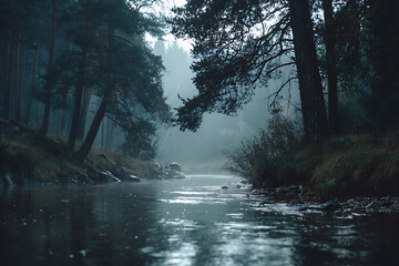 Mystical river flows through a stunning forest, sunlight filtering through the trees, creating a serene and peaceful landscape for contemplation