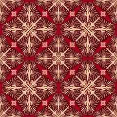 seamless pattern with red flowers,red, brown curves ,painted create to flowershape, leaves,red background in geometric patterns as sarong,fabric,tile,printed fabric,batik,tablecloth patterns.