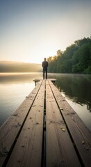 A solitary figure stands on a wooden dock extending over a calm lake at sunrise. The scene captures a serene moment with mist rising from the water.