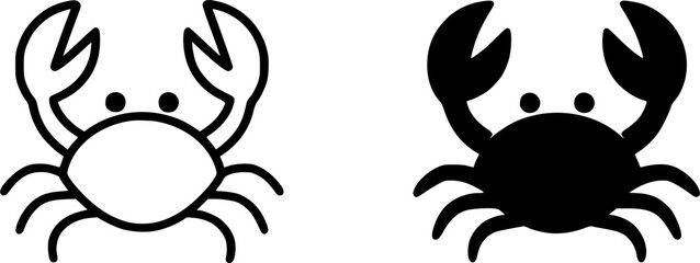 Minimalist icon, crab vector, black and white, outline and silhouette
