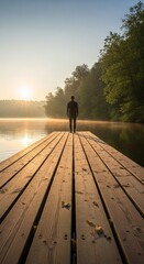 A solitary figure stands on a wooden dock extending over a tranquil lake at sunrise. The scene captures the peacefulness of nature with mist rising from the water.