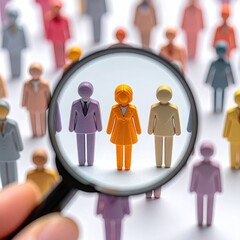 Magnifying glass highlights selected people figurines in a blurred crowd.