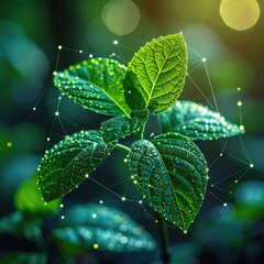 Digital Network Connecting Green Plant Growth and Nature Technology.