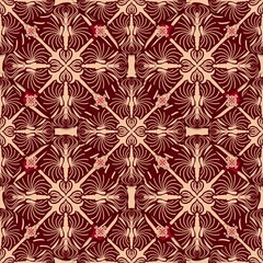 seamless pattern with flowers,red, brown curves ,painted create to flowershape, leaves,red background in geometric patterns as sarong,fabric,tile,printed fabric,batik,tablecloth patterns.