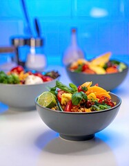 Vibrant healthy food bowls filled with fresh colorful ingredients presented in a modern setting.