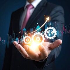 Businessman hand displaying global business growth and technological innovation.